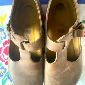 Mary Jane Paris style Birkenstocks. They are in a oiled brown leather.